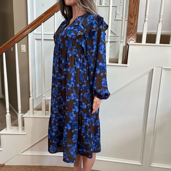 Adorable brown blue floral peasant midi dress - Picture 1 of 12